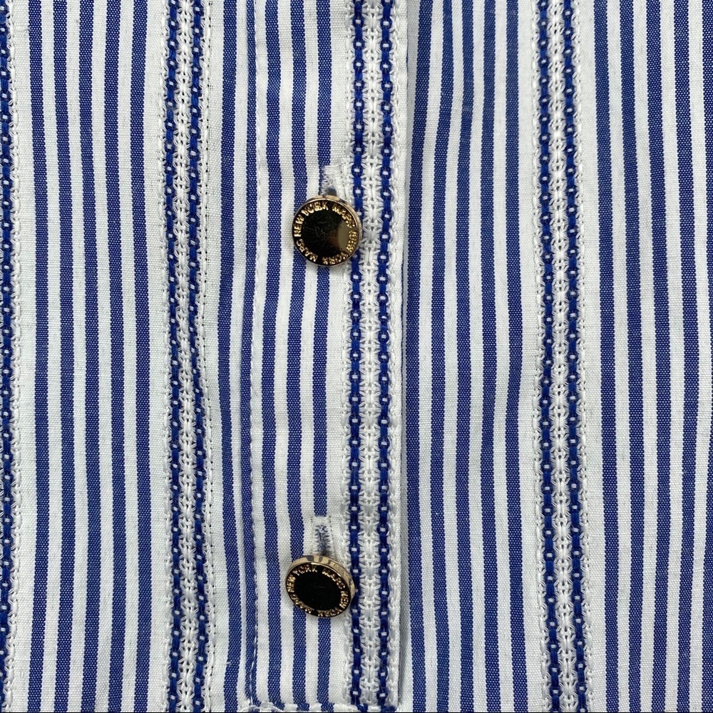 Marc New York Striped Short Sleeve Split V Pull Over Popover Blouse Size Large - Picture 3 of 8